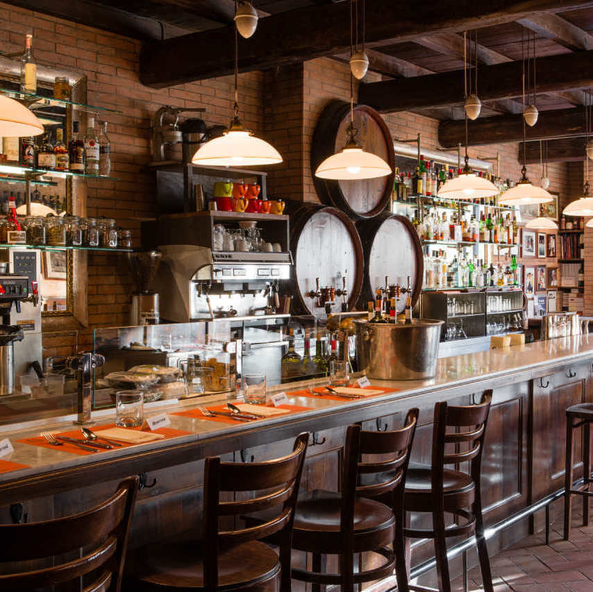 Warm wooden interior of local bar