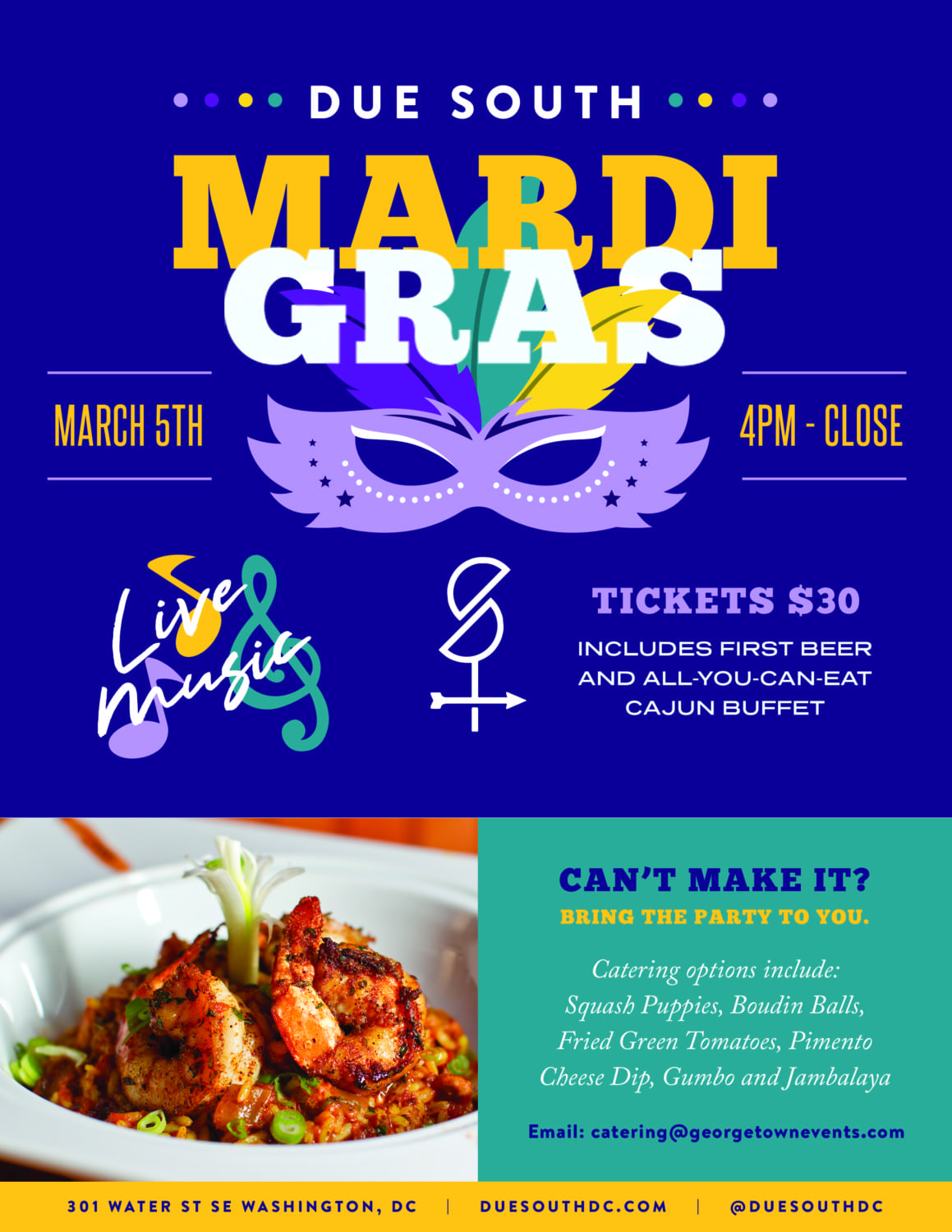 Flyer for Due South's Mardi Gras event with live music, buffet, and live music